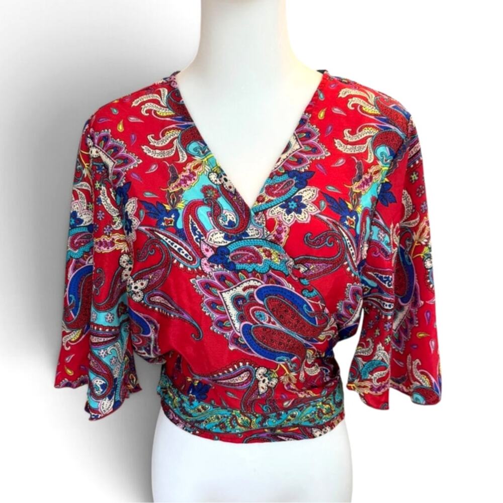 Boho Silk Blend Paisley Wrap Crop Top Bell Sleeve Festival Red